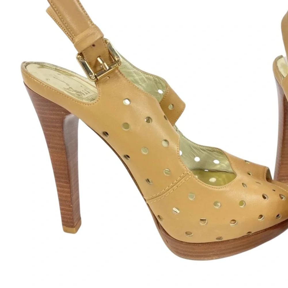 Stuart Weitzman Tan Leather Cutout Platform Heels Peep Toe Women’s Size 9 in EUC